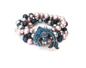 Teal Rhinestone Dolphin Multi Strand Stretch Stack Bracelet with Swarovski Pearls in pink, grey, teal