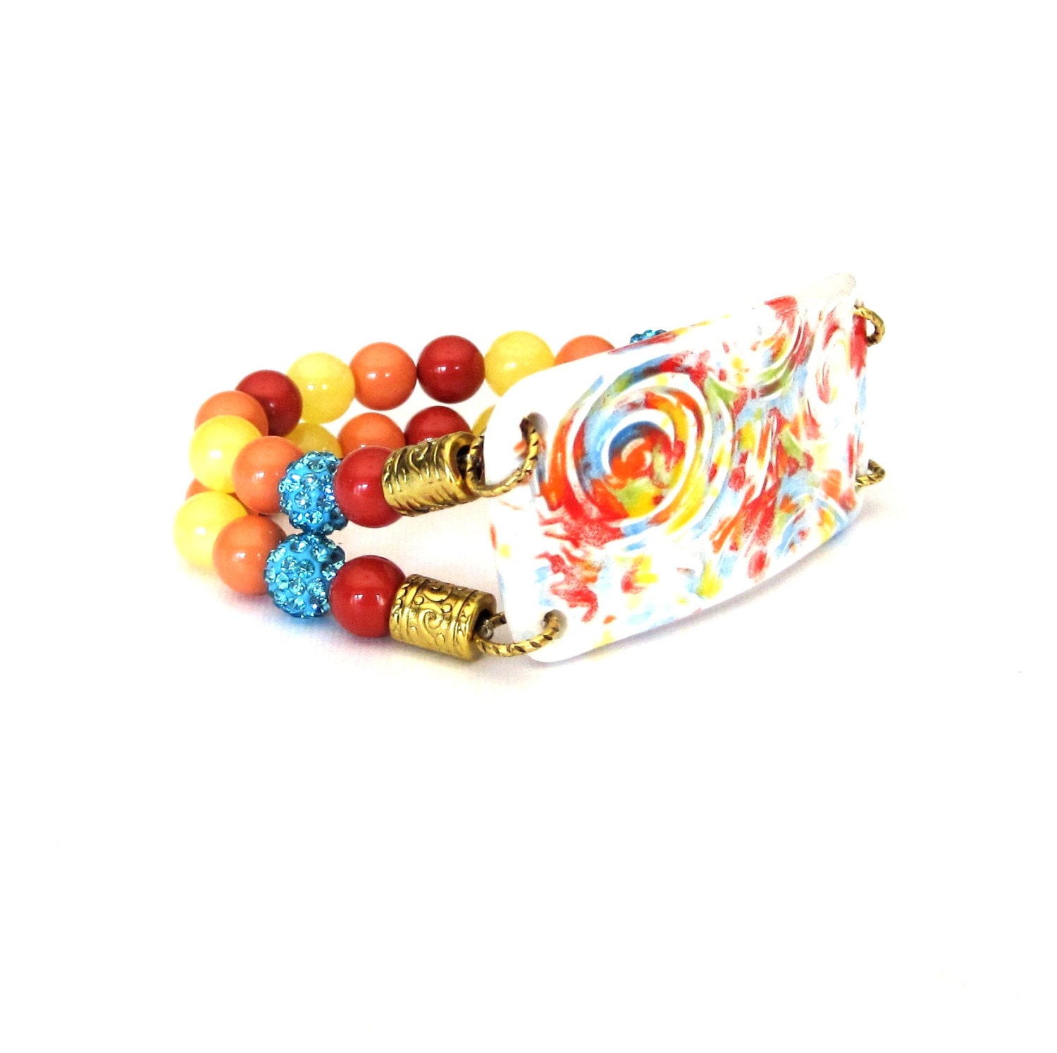 Rainbow Swirl Double Strand Stretch Stack Bracelet with Swarovski Pearls and Beads and Stone Beads red, yellow, orange, blue