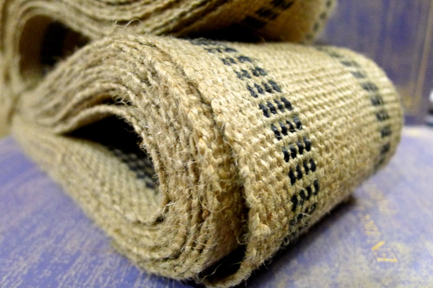 10 yards Vintage Burlap Webbing Trim Ribbon - Blue Trim - industrial