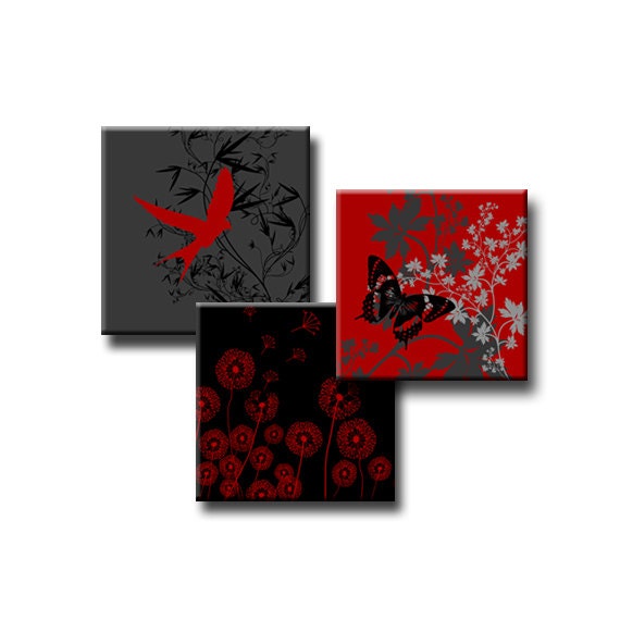 Digital Collage Sheet Red, Grey and Black  1", 1.25" or 1.5" or Scrabble Tile Size Square Birds Butterfly Dandelion Swirls - beeblecat