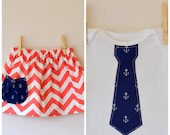 Nautical Chevron Brother and Sister Sibling Set . Twins . Coral Chevron Twirl Skirt & Navy Anchor Tie Tee or Bodysuit . Fourth of July