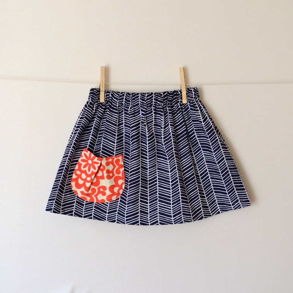 Nautical Girls Skirt . Navy Herringbone . Red and White Floral Pleated Pocket . Fourth of July