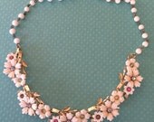Vintage White Lucite Rhinestone Necklace with beaded extension attached floral motif cottage chic 50s