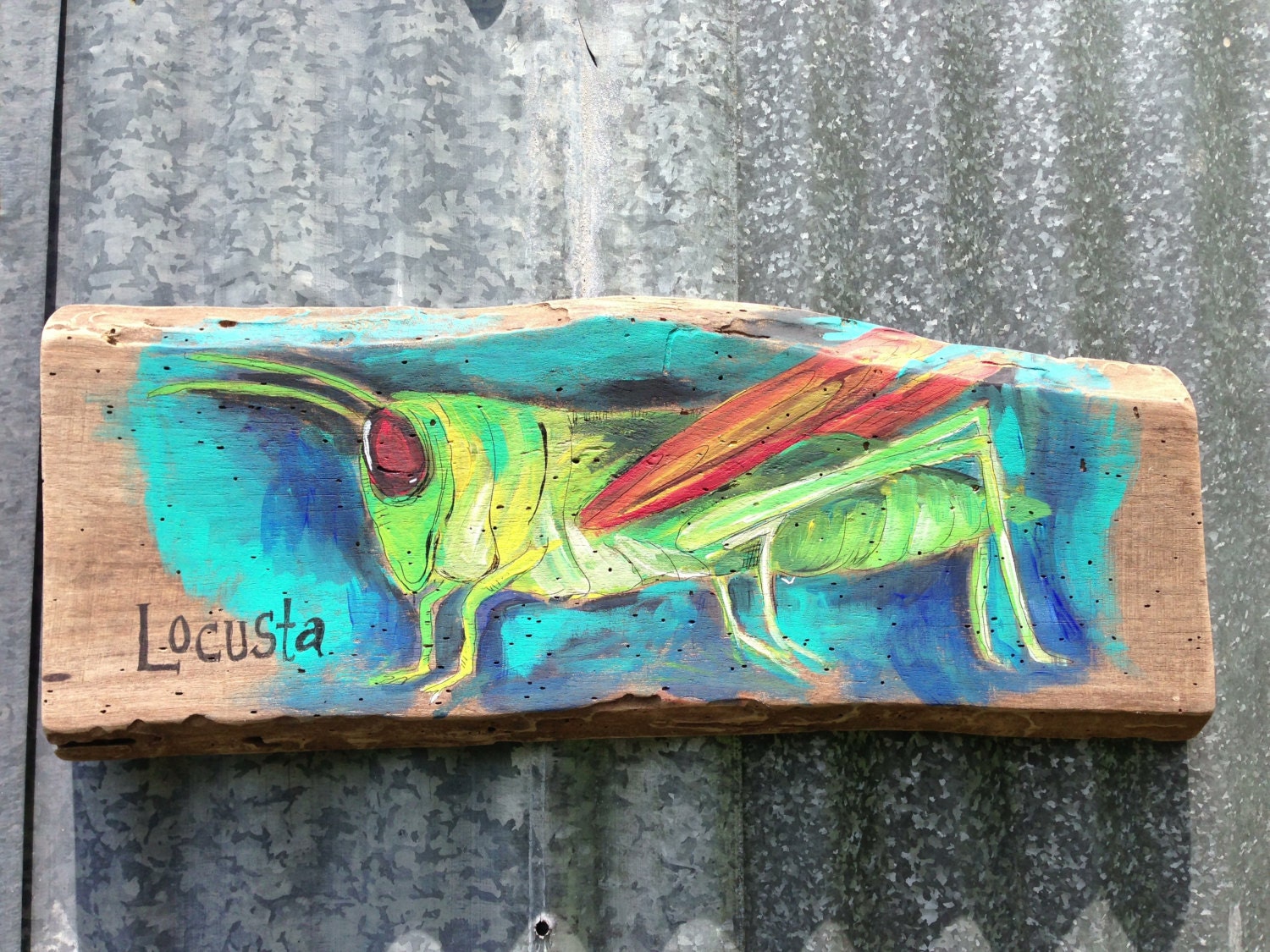 Grasshopper Modern Folk on Reclaimed Wood 