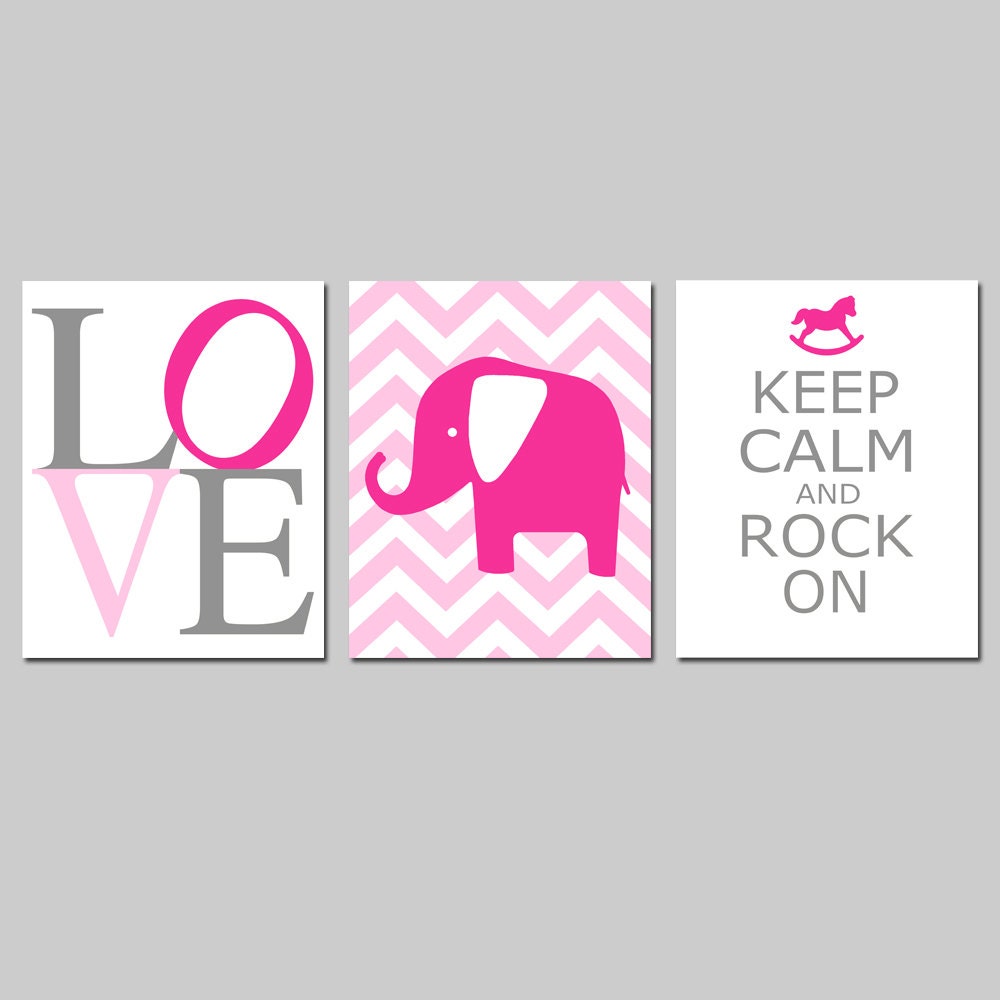 Modern Nursery Trio - Set of Three 8x10 Prints - Chevron Elephant, LOVE, Keep Calm Rock On - Choose Your Colors - Shown in Yellow and Gray