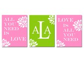All You Need Is Love - Set of Three Modern Floral Monogram 8x10 Quote Prints - Choose Your Colors - Kids Wall Art for Nursery