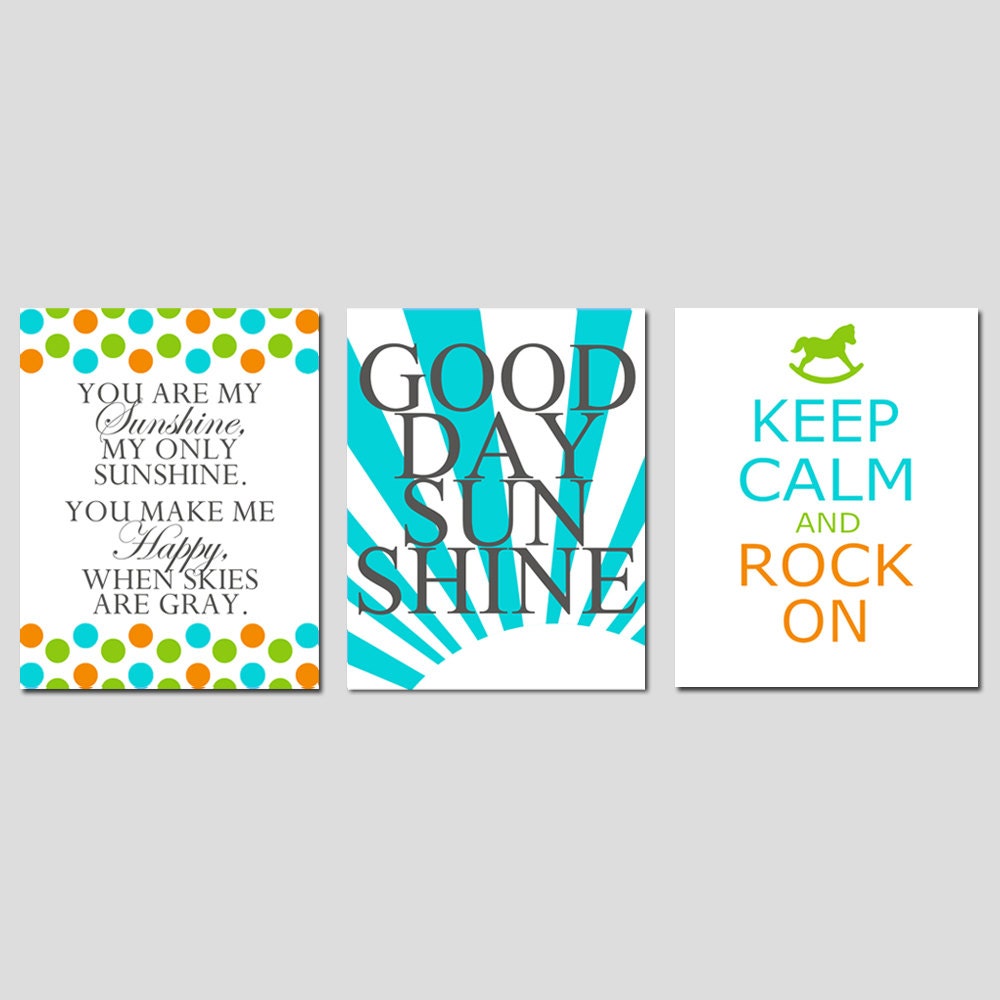 Modern Nursery Art Trio - Set of Three 8x10 Prints - You Are My Sunshine, Good Day Sunshine, Keep Calm and Rock On - Choose Your Colors