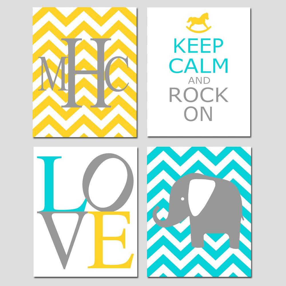 Modern Nursery Quad - Set of Four 8x10 Prints - Chevron Monogram, Keep Calm and Rock On, LOVE, Chevron Elephant - Choose Your Colors