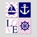 Kids Wall Art Nautical Quad - Set of Four 8x10 Nursery Prints - Polka Dot Sailboat, Anchor, Love, Chevron Ship's Wheel - CHOOSE YOUR COLORS