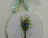 Peacock feather painting, wood mounted print, mixed media
