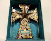 Rustic Brown Cross Mosaic Assemblage in Old Turquoise wooden Box - Proverbs 31 scripture