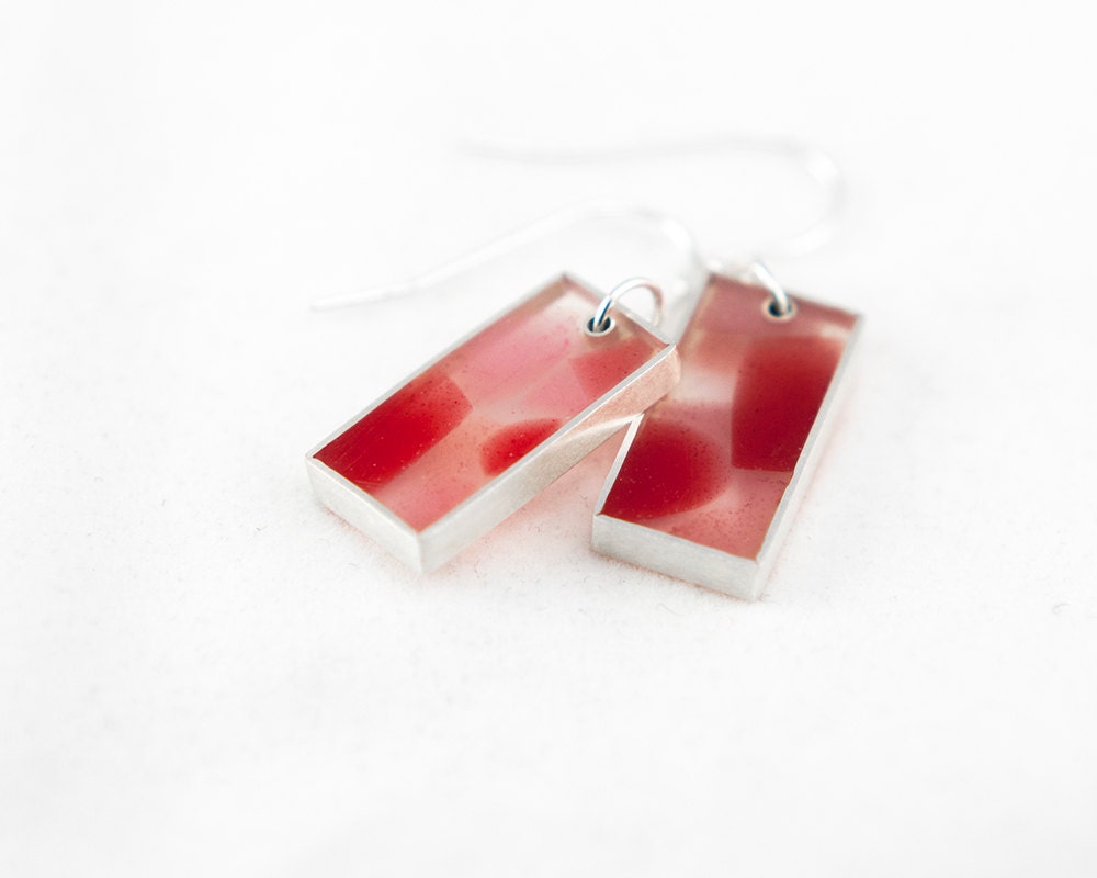 Confetti Earrings red and pink resin and sterling silver, Valentine's Day