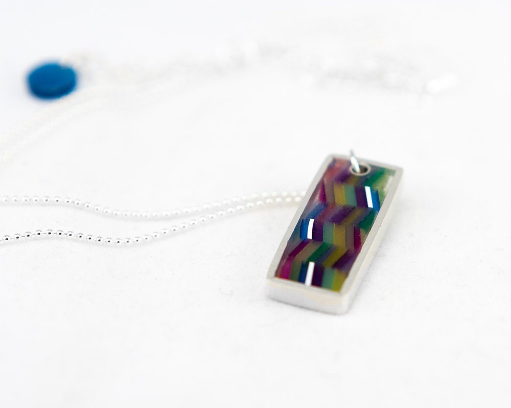 Dashed Necklace -- sterling silver with multicolored herringbone striped resin