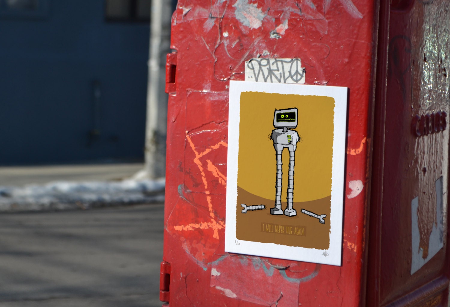 I will never hug again - Sad robot without arms - Limited Edition Signed and Numbered 5x7 Giclée Illustration