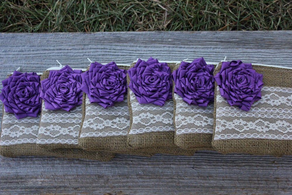 6 Wedding Clutches  Burlap and Lace - Bridesmaid Clutch - Bridal Party - You Choose The Color Flower and Lining