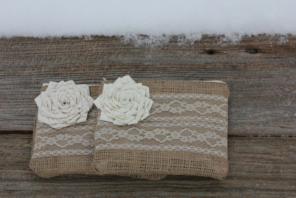 Set of 2 Burlap and Lace Wedding Clutches - Wedding Bags - Bridal Party - You Choose The Color Flower and Lining