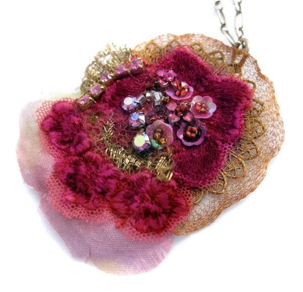 Lace necklace with hand beading, vintage style jewelry with floral motif, romantic bead embroidery pendant, fuchsia pink textile necklace