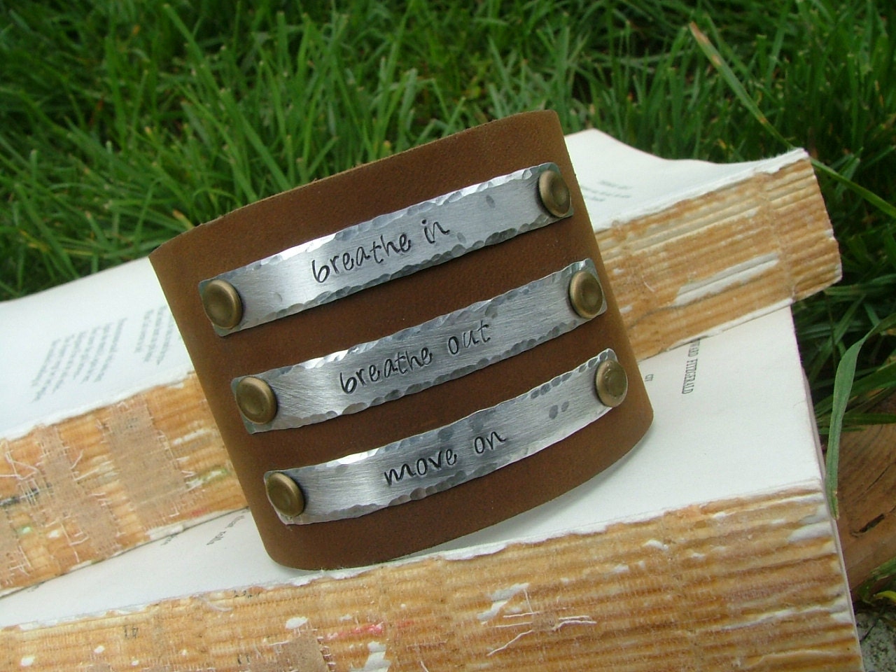 Breathe In Breathe Out Move On 2 Inch Tall Leather Cuff Bracelet with Custom Hand Stamped Metals by MyBella