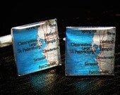 Silver Leaf Any Location Map Cufflinks, Wedding, Groomsmen Custom Cuff links - W