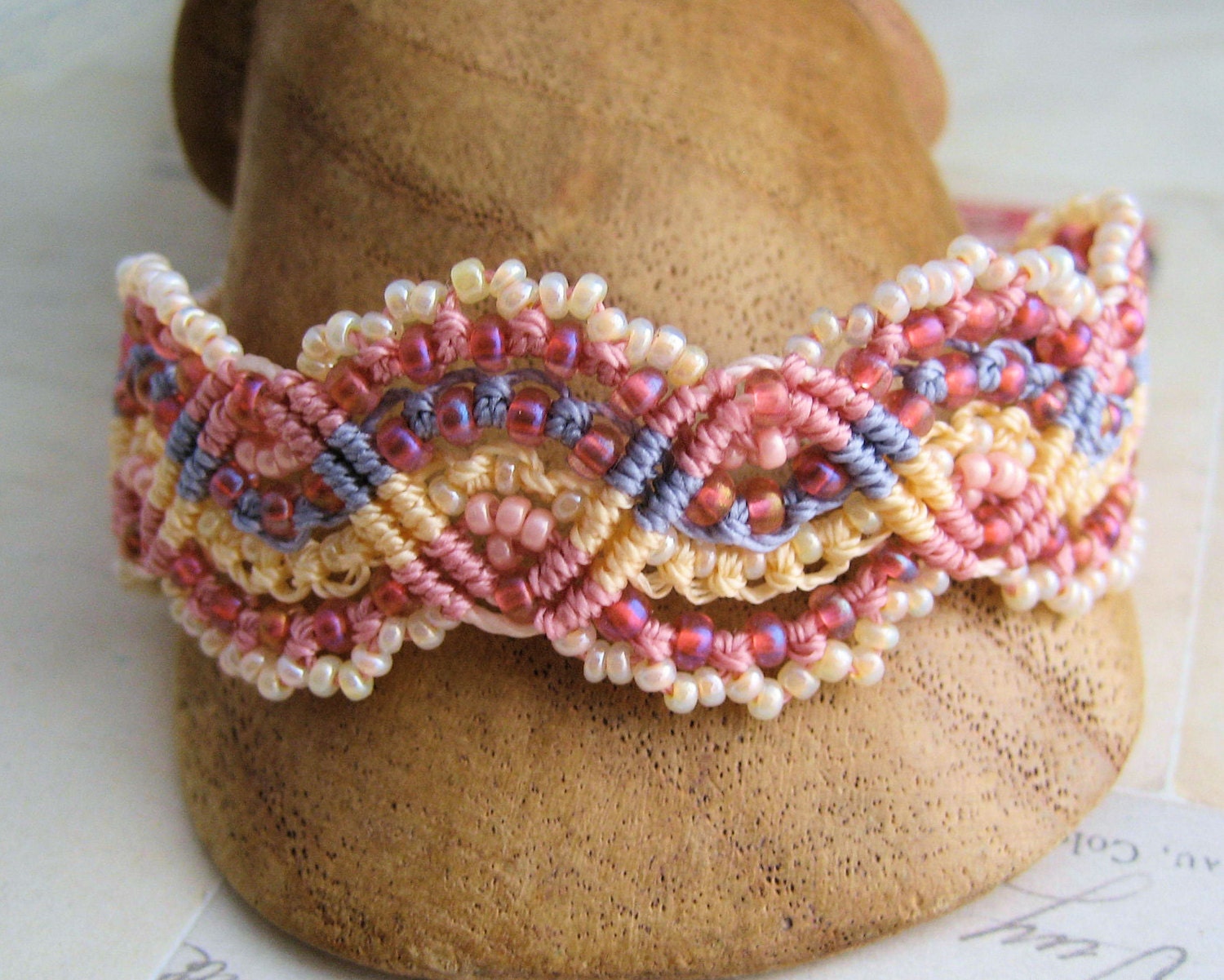 Lacy Pink Beaded Macrame Bracelet Waves of MicroMacrame