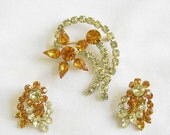ON SALE Vintage Golden Topaz and Citrine Rhinestones Layered Flower Brooch or Pin and clip Earrings Demi Parure Set