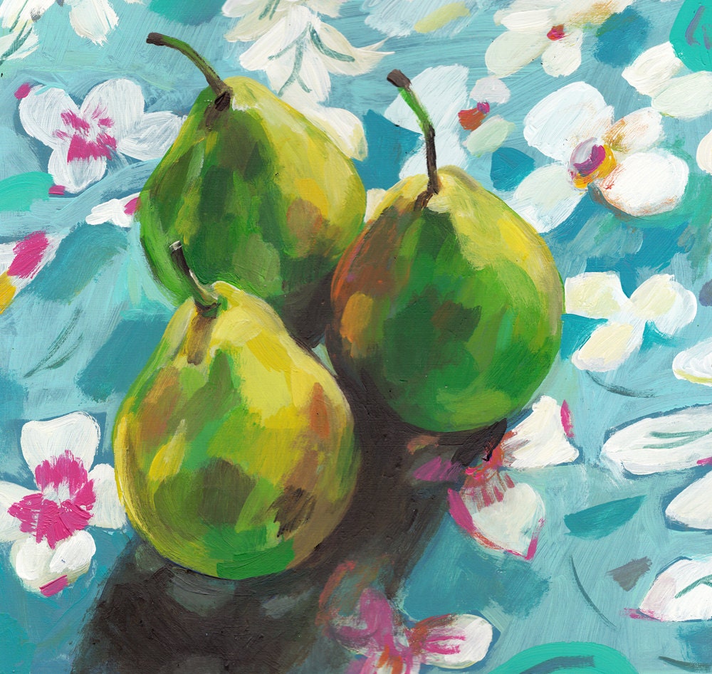 Still life of pears and flowers / original acrylic painting on mdf wall art- wall decor- home decor