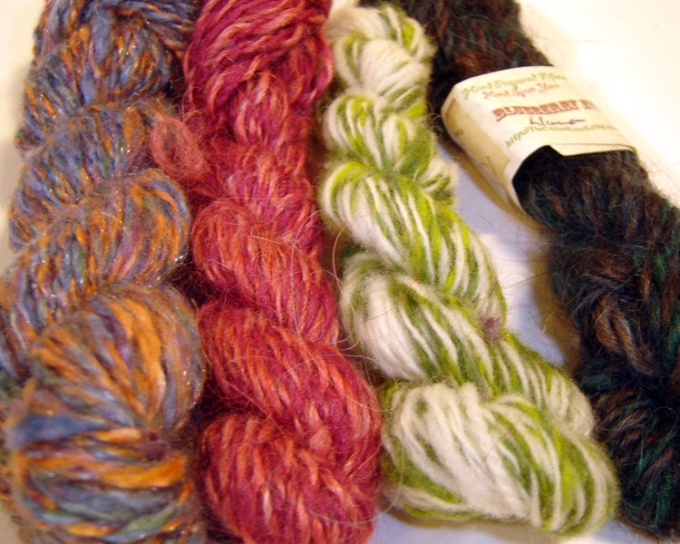 Hexipuff  mini skeins set  "5"  hand spun, set of 4 multi colored, 1.3 oz total weight each Skein is About 15 yards