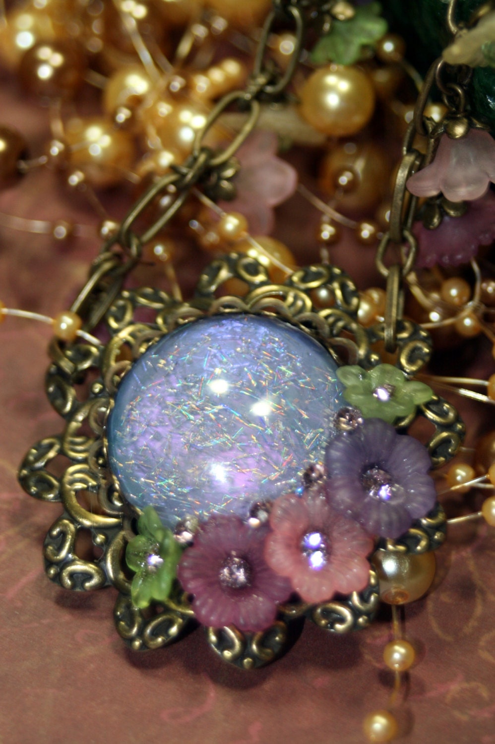 Spring Fling One of a Kind Blooming Necklace Vintage Crystals Handmade Morning Dawn