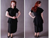 RESERVED ON LAYAWAY Vintage 1940s Dress - Classic Black Rayon Peplum Dress with Lace Trim