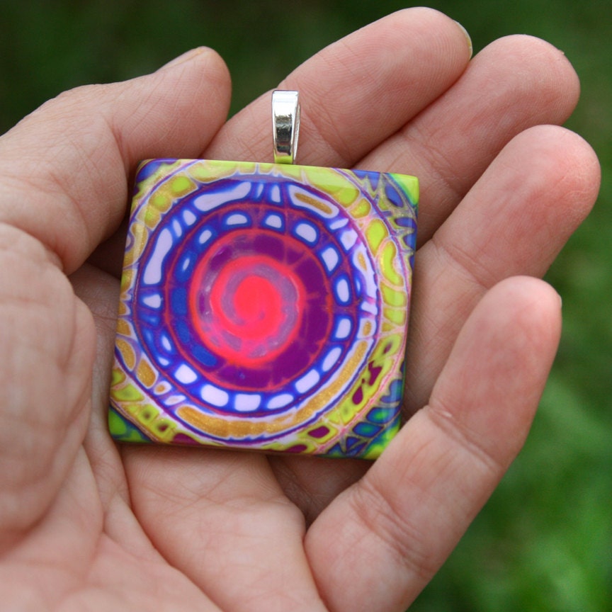 Crackled Neon Spiral Pendant in  Polymer Clay
