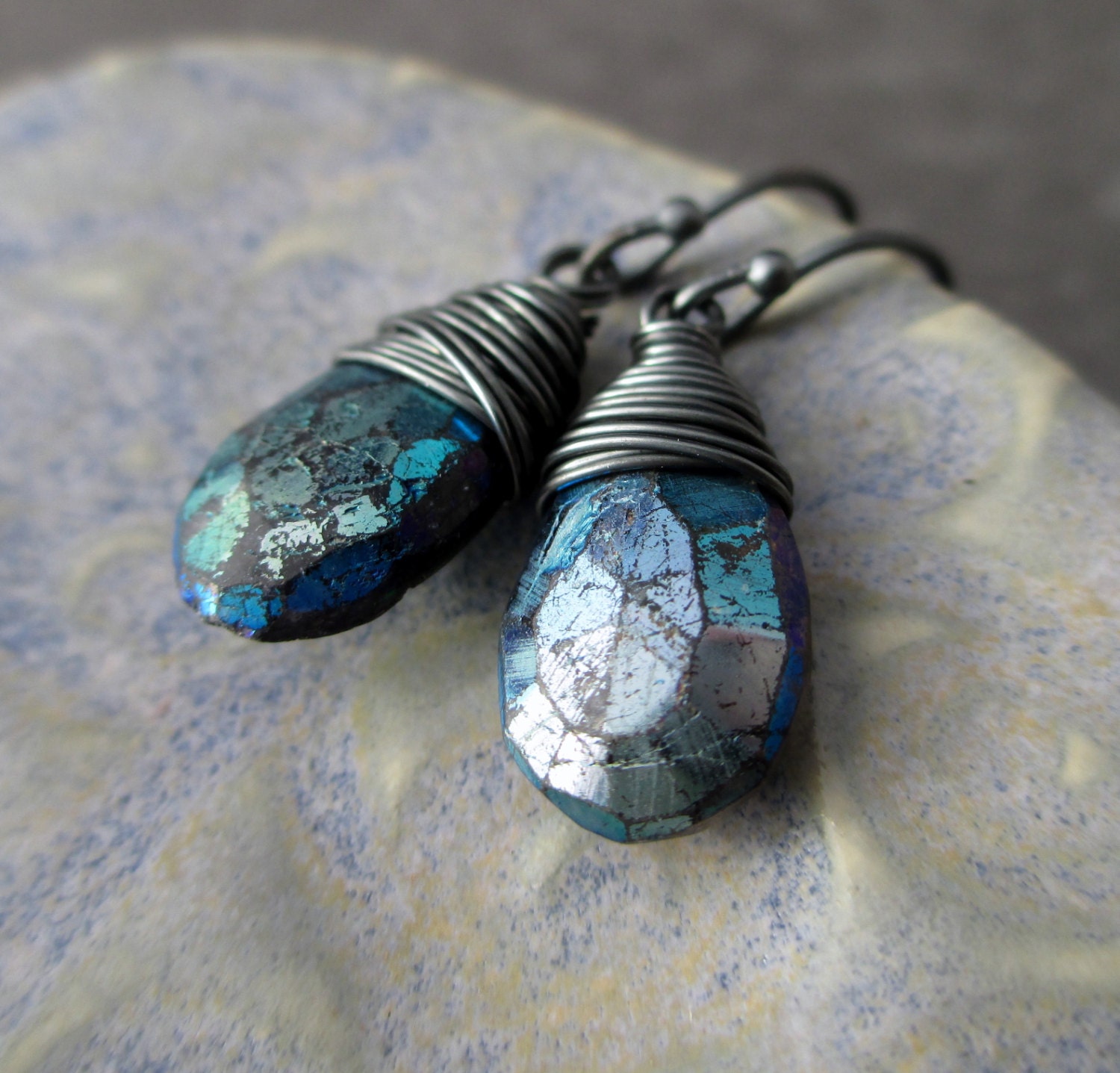 Mystic Labradorite Earrings,  Wire Wrapped Flashy Mystic Labradorite Oxidized Sterling Silver - Northern Lights.