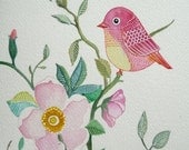 Pink Bird / Rose / Flower / Floral / Wall Art / Print from Original Painting/ Watercolor / Room Decor