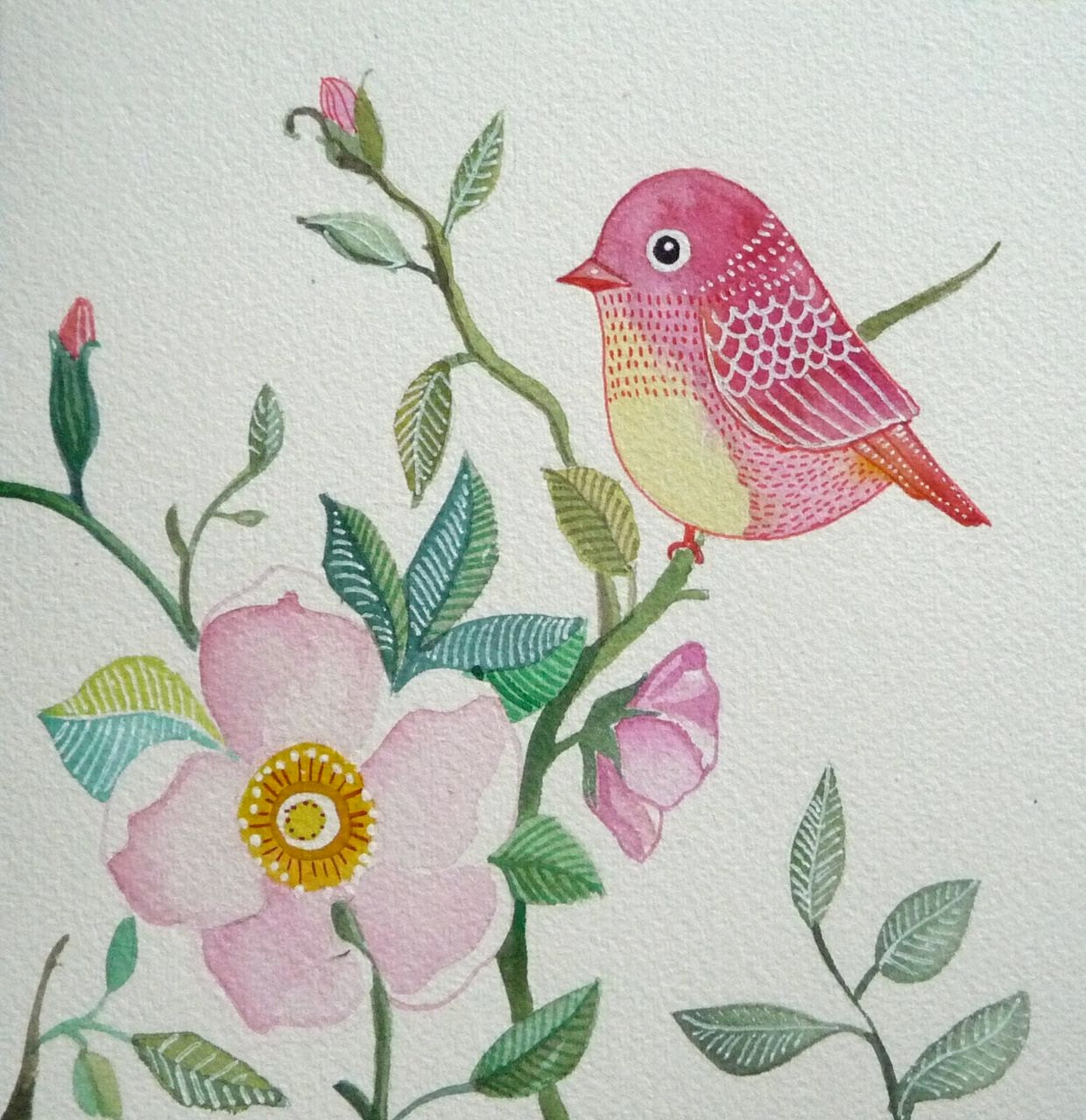 Pink Bird / Rose / Flower / Floral / Wall Art / Print from Original Painting/ Watercolor / Room Decor