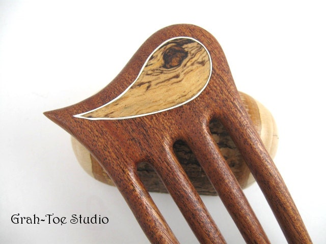 Hair fork Mahogany Wood Spalted Ficus Woods Sterling Silver Wave hair fork