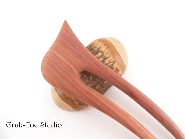 Hair Pin Fork Cedar wood  Wave Grahtoestudio Shape 2 Prong Hairstick Hairfork