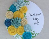 Yellow and Blue Felt Flowers, Sun and Sky Felt Flowers, Wool Felt Flowers - Set of 12 - READY TO SHIP