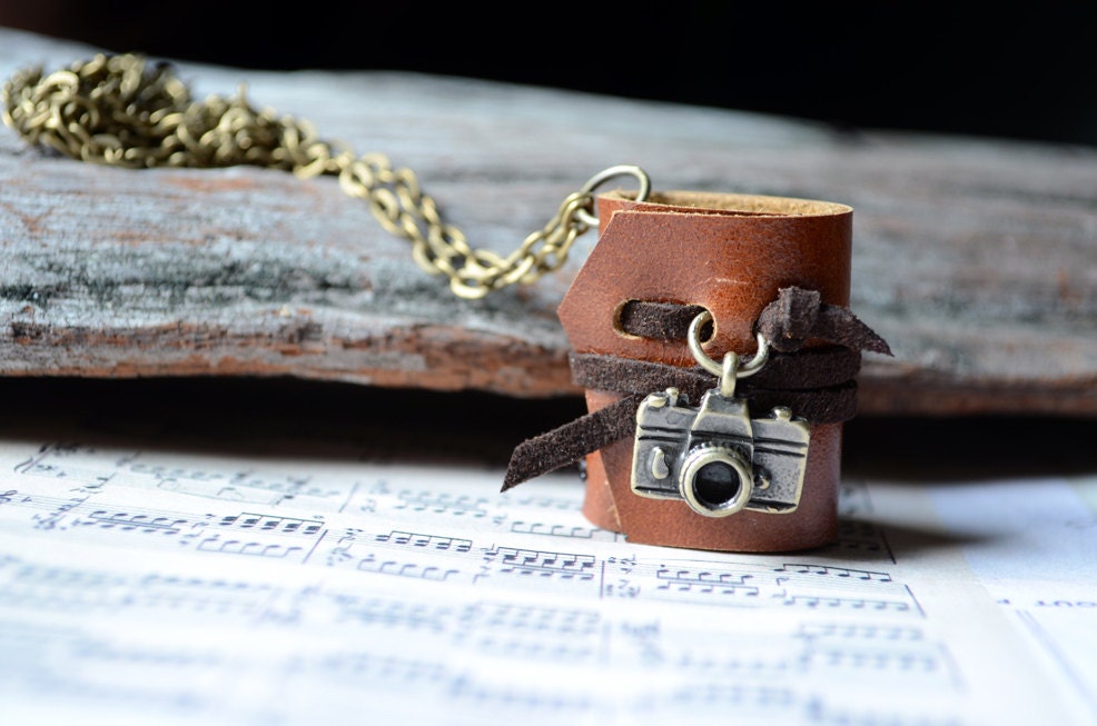 MiniatureBook Necklace camera & Tan color leather