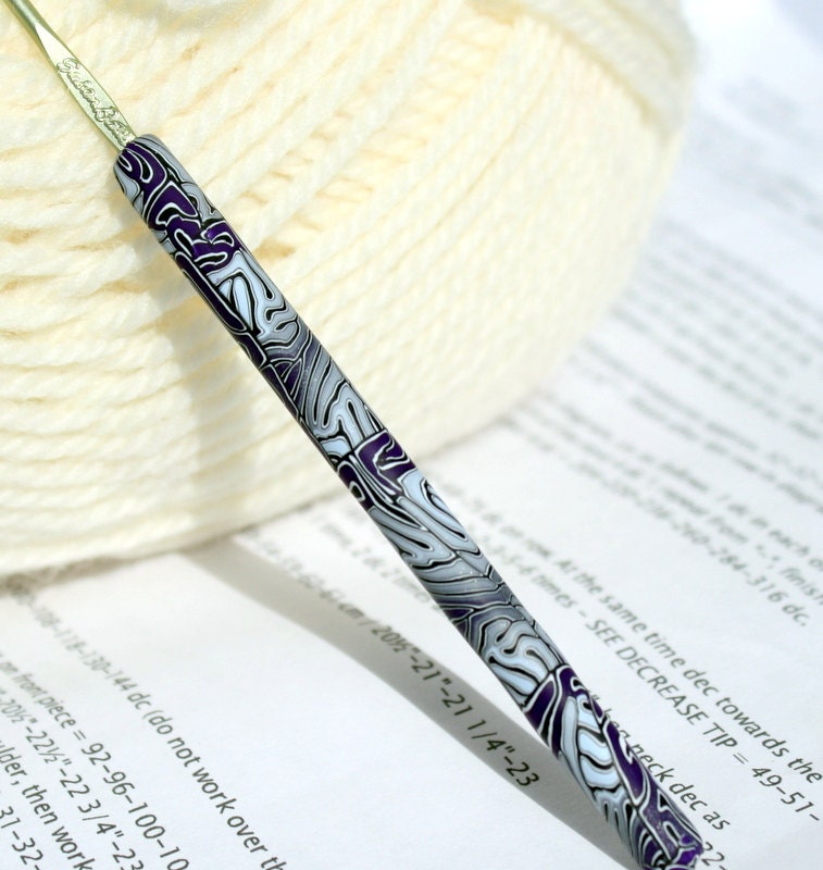 Crochet hook / new size B1 or 2.25mm, Susan Bates hook, polymer clay OOAK brain cane design