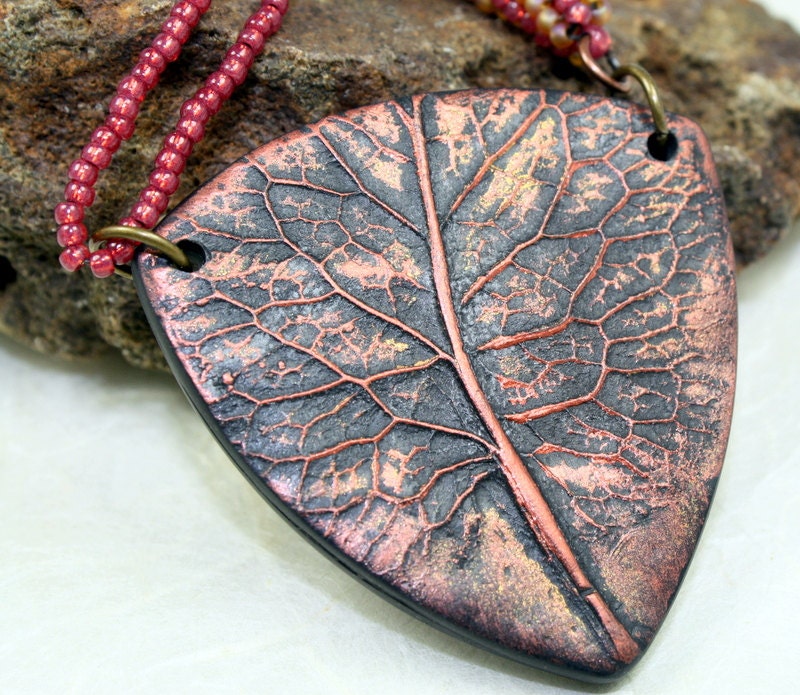 Polymer clay and bead woven necklace, OOAK, polymer pendant and herringbone, tigers eye and metal chain