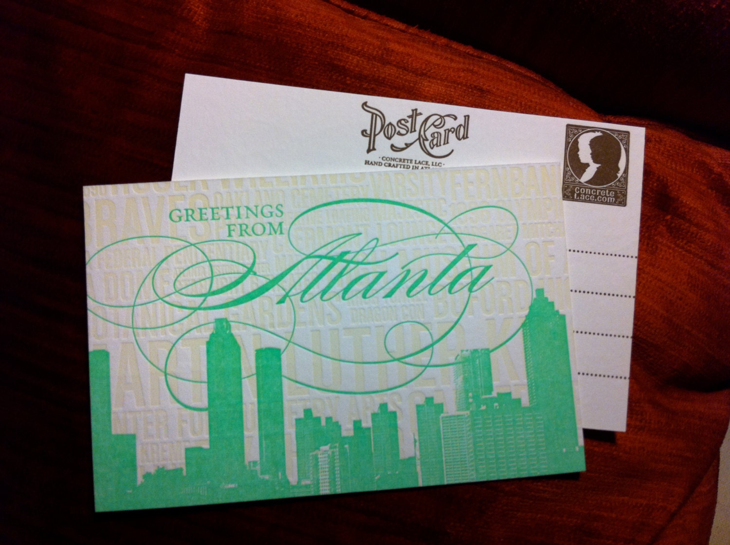 Atlanta Letterpress Postcard-- individual postcard - Nectarine or Milk Glass Green Ink