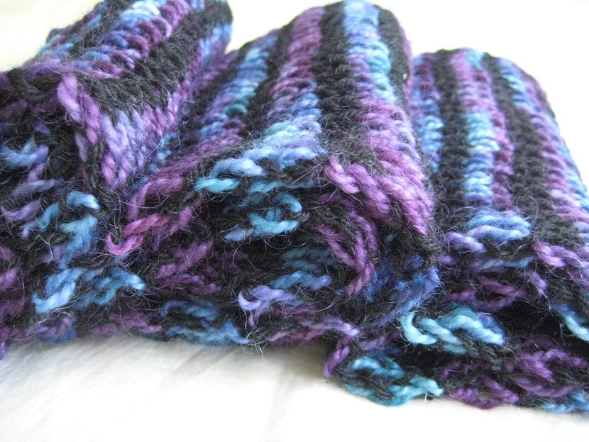 stained glass scarf, knitted, black, purple, turquoise, merino, silk, mohair