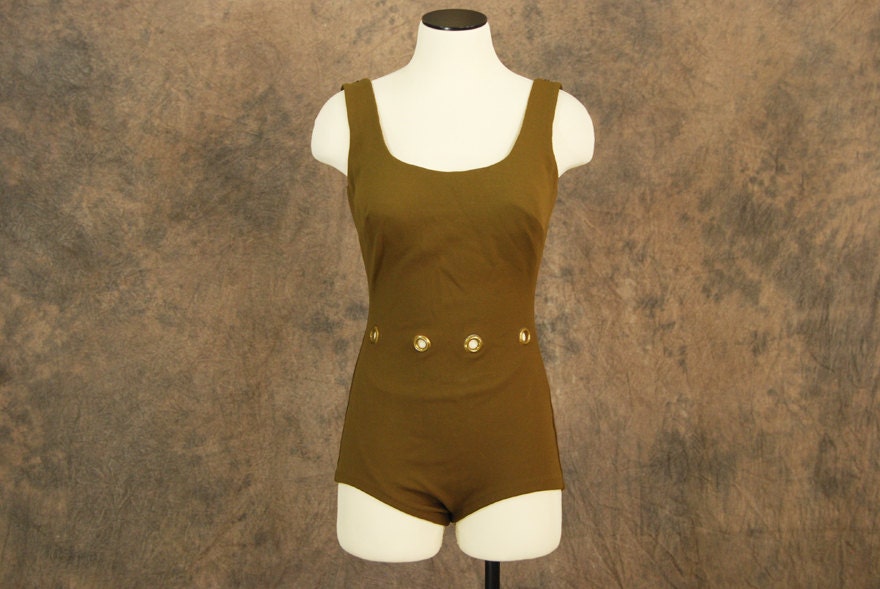 vintage 60s Bathing Suit - Brown Eyelet One Piece Swimsuit Sz S M