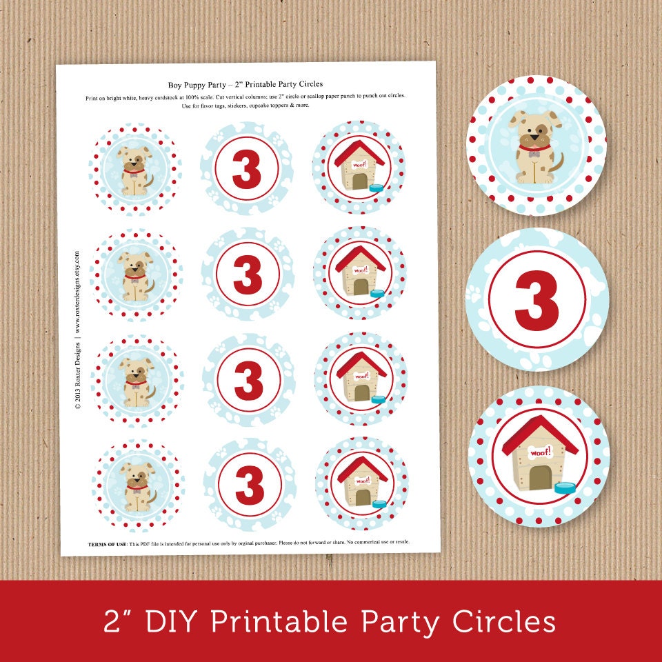 Boy Puppy Party Birthday, Printable Cupcake Toppers, Gift Tags, or Stickers, Personalized and Custom