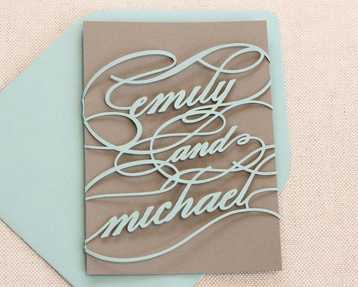 Monogram Wedding Invitation Sample - unique, cutout, wrap design with customizable colors