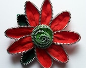 Devil Red and Lime Green Floral Brooch / Zipper Pin by ZipPinning - 3.5 in 9 cm -  2478