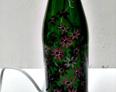 Light Lamp Night Light Recycled Green Wine Bottle Hand Painted Mauve Flowers