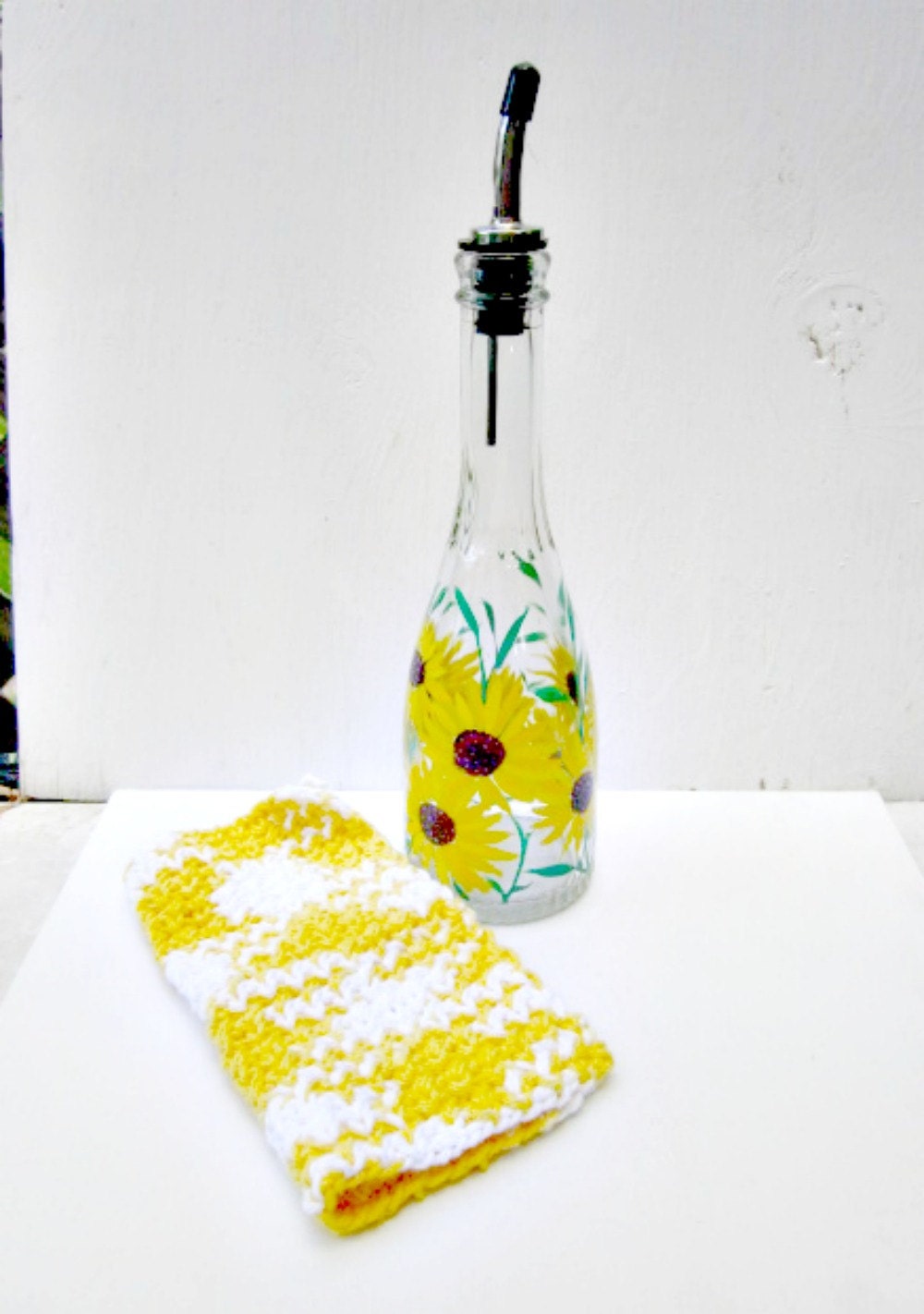 Dish Soap Dispenser Clear Recycled Glass Bottle Hand Painted Sunflowers Oil and Vinegar Bottle