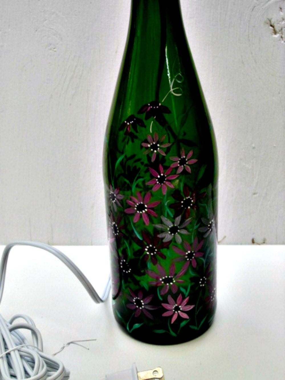 Light Lamp Night Light Recycled Green Wine Bottle Hand Painted Mauve Flowers