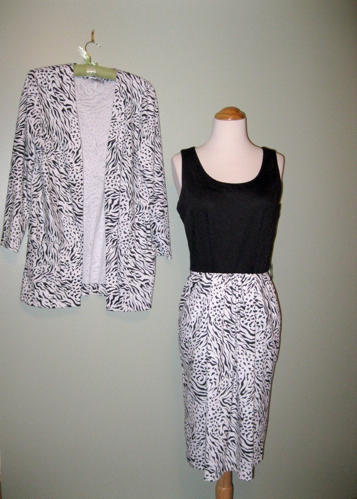 1980s Animal Print Dress / Black and White / Zebra Stripes Print / Women / S / M