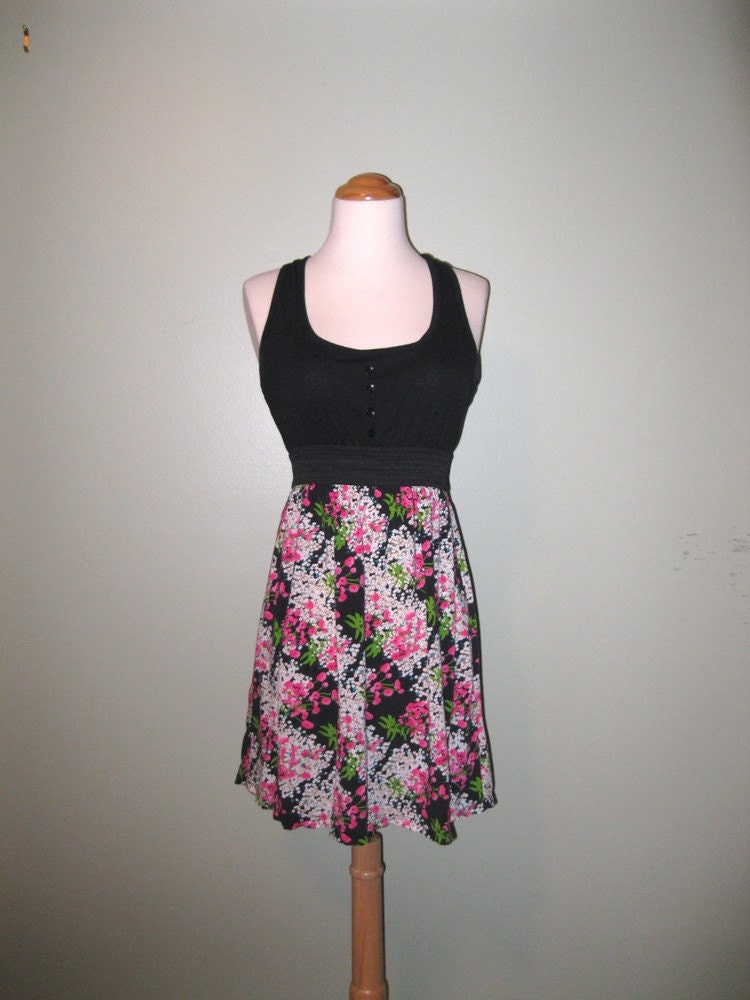 90s Black Floral Mini Dress / Racer Back Mini Dress / 1990s Little Black Dress / Women / Teen Girls / S / M